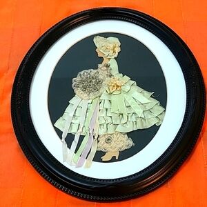 Vintage Paper Doll Art Lace & Fabric In Oval Frame